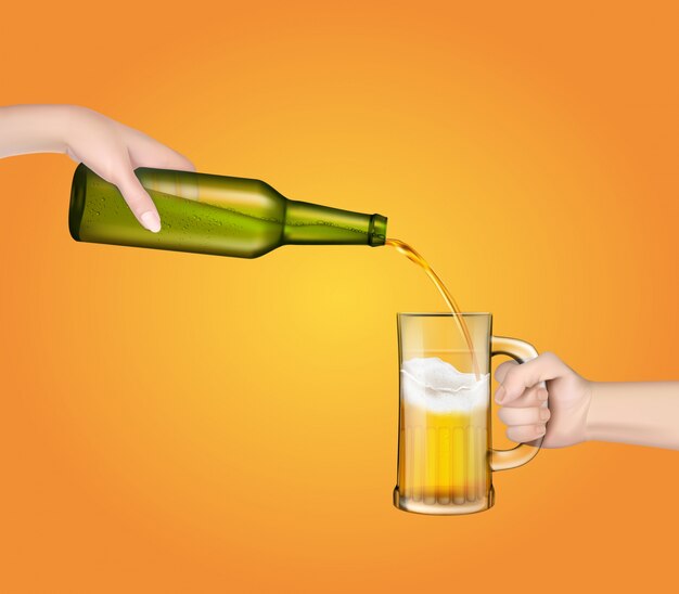 Vector illustration of a cold barley beer pouring from a bottle into a transparent glass .