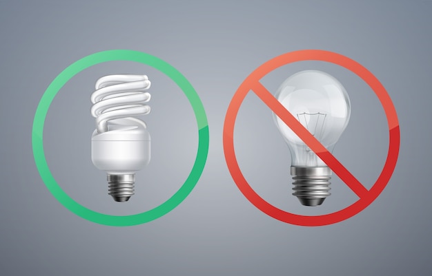 Lampada fluorescente di concetto dell'illustrazione di vettore contro la lampadina ad incandescenza per il risparmio energetico