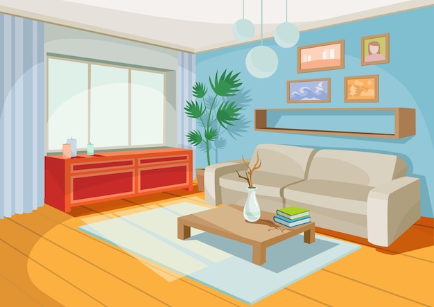 Free vector vector illustration of a cozy cartoon interior of a home room, a living room