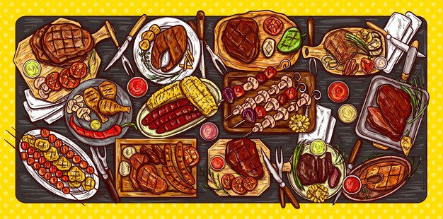 Vector illustration, culinary banner, barbecue background with grilled meat, sausages, vegetables and sauces.