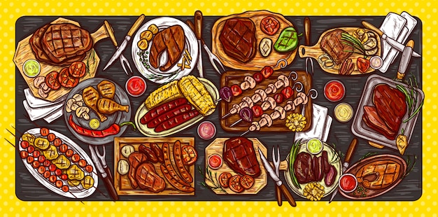 Vector illustration, culinary banner, barbecue background with grilled meat, sausages, vegetables and sauces.