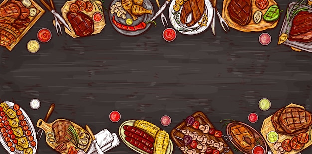 Векторная иллюстрация, кулинарный баннер, барбекю фон с жареным мясом, колбасы, овощи и соусы.