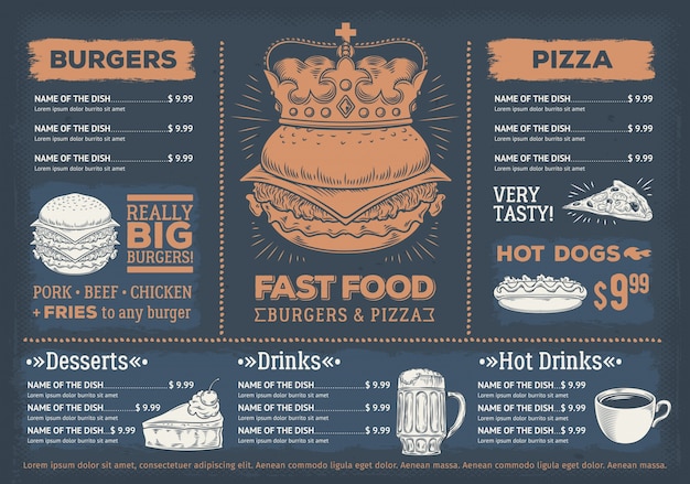 Illustrazione vettoriale di un menu di ristorante fast food di progettazione, un caffè con una grafica a mano.