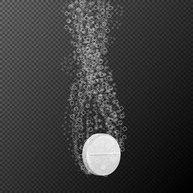 Vector illustration of effervescent pill, medicinal product falling in water with bubbles isolated on black background.