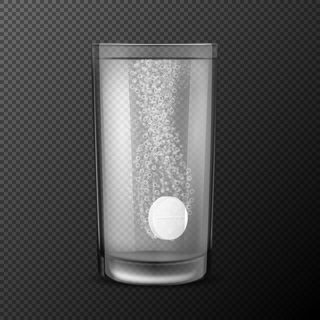 Векторные иллюстрации шипучих таблеток, растворимые таблетки, падающие в стакан с водой с газированные пузыри, изолированных на черном фоне.