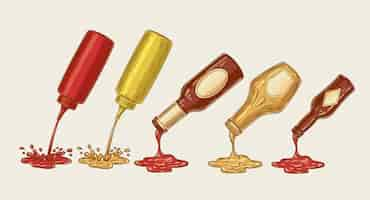 Free vector vector illustration of an engraving style set of different sauces are poured from bottles