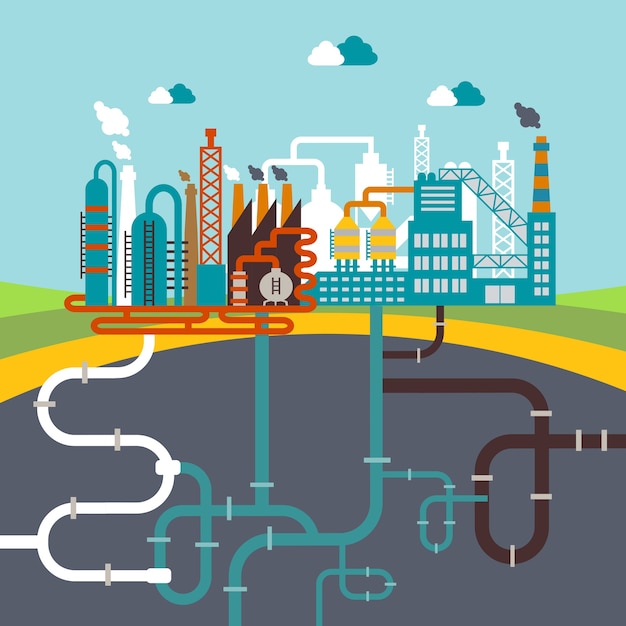 Illustrazione vettoriale di una fabbrica per la produzione di prodotti o un impianto di raffineria per la lavorazione delle risorse naturali con una rete di tubi collegati