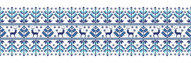 民俗シームレスパターン飾りのベクトル図松の木と鹿とエスニック新年緑飾りあなたのデザインのためのクールなエスニックボーダー要素