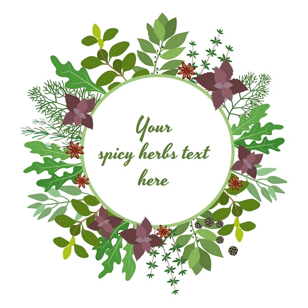 Vector illustration of fresh cooking herbs in a circular frame