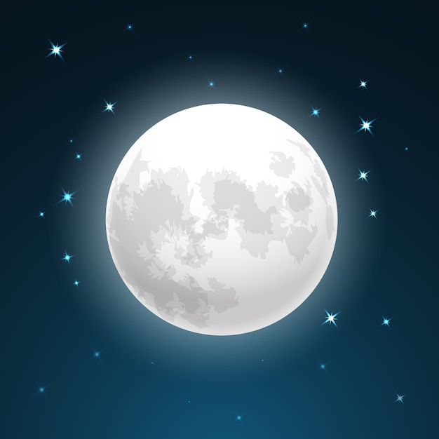 Векторная иллюстрация полной луны крупным планом и вокруг звезд
