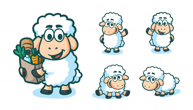 ベクトルはかわいい羊とramを分離したレトロなイラストを設定します 白地に立っている羊のシルエット ファームファニーミルクの若い動物 漫画のスタイル プレミアムベクター