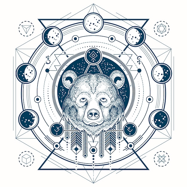 Vector illustration of a geometric tattoo front view of a bear s head and moon phases