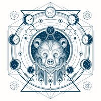 一个熊的头和月亮阶段的几何纹身前视图的免费矢量矢量插图