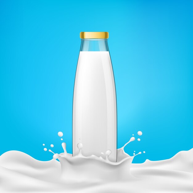 Vector illustration glass bottles with milk or dairy product stands in a milk splash