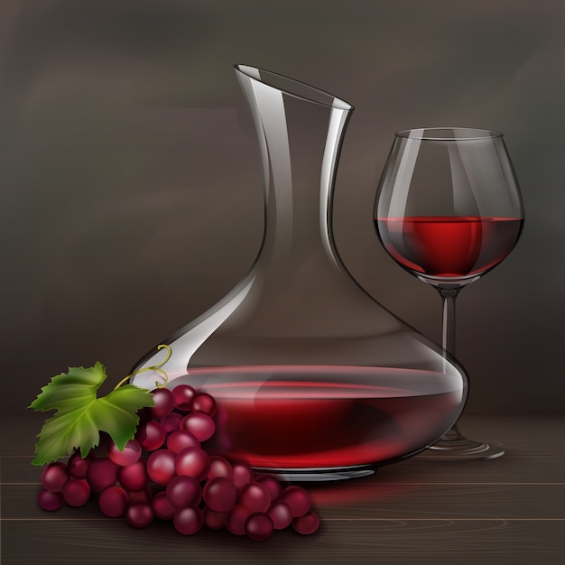 Vector illustration. Glass of red wine next to decanter and bunch of grapes on wood table