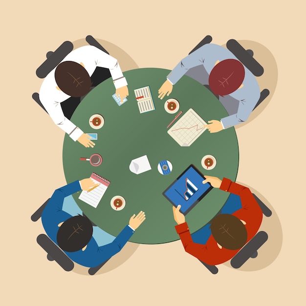 Векторная иллюстрация группы из четырех бизнесменов, сидящих за столом во время группового обсуждения и мозгового штурма, вид сверху