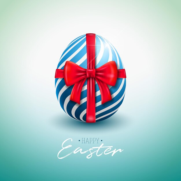 Vector Illustration of Happy Easter Holiday with Painted Egg Red Bow and Ribbon on Light Background