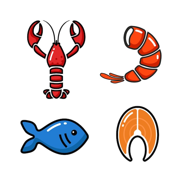 Insieme dell'icona dell'illustrazione di vettore. raccolta di frutti di mare, aragosta, pesce, salmone e gamberetti.