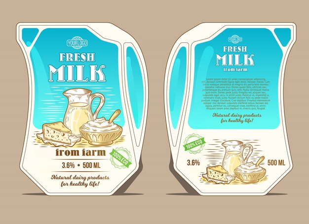 彫刻スタイルのベクトル図 牛乳のためのデザインパッケージ 瓶の形の痩せたパック 無料のベクター