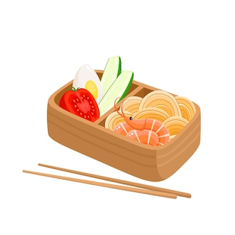 Vector illustration of japanese bento box traditional asian food with noodles shrimp