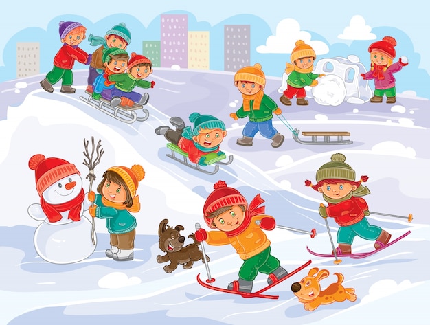 Vector illustration of little children playing outdoors in winter