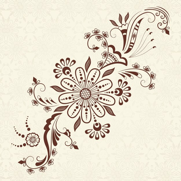 メーンディの装飾のベクトル図。伝統的なインディアンスタイル、ヘナのタトゥー、ステッカー、メッディとヨガのデザインのための装飾的な花の要素、カードとプリント。抽象的な花のベクトルのイラスト。