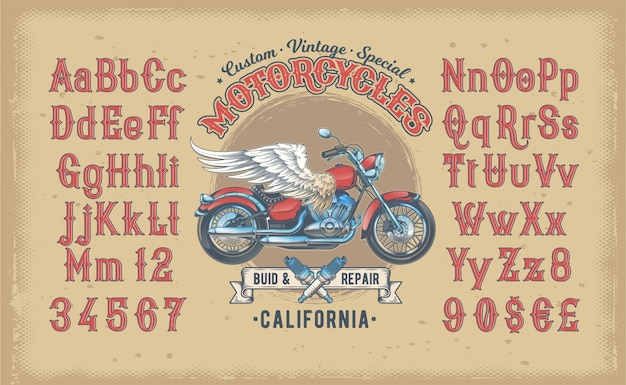 Векторная иллюстрация красный шрифт, латинский алфавит с ретро пользовательский мотоцикл