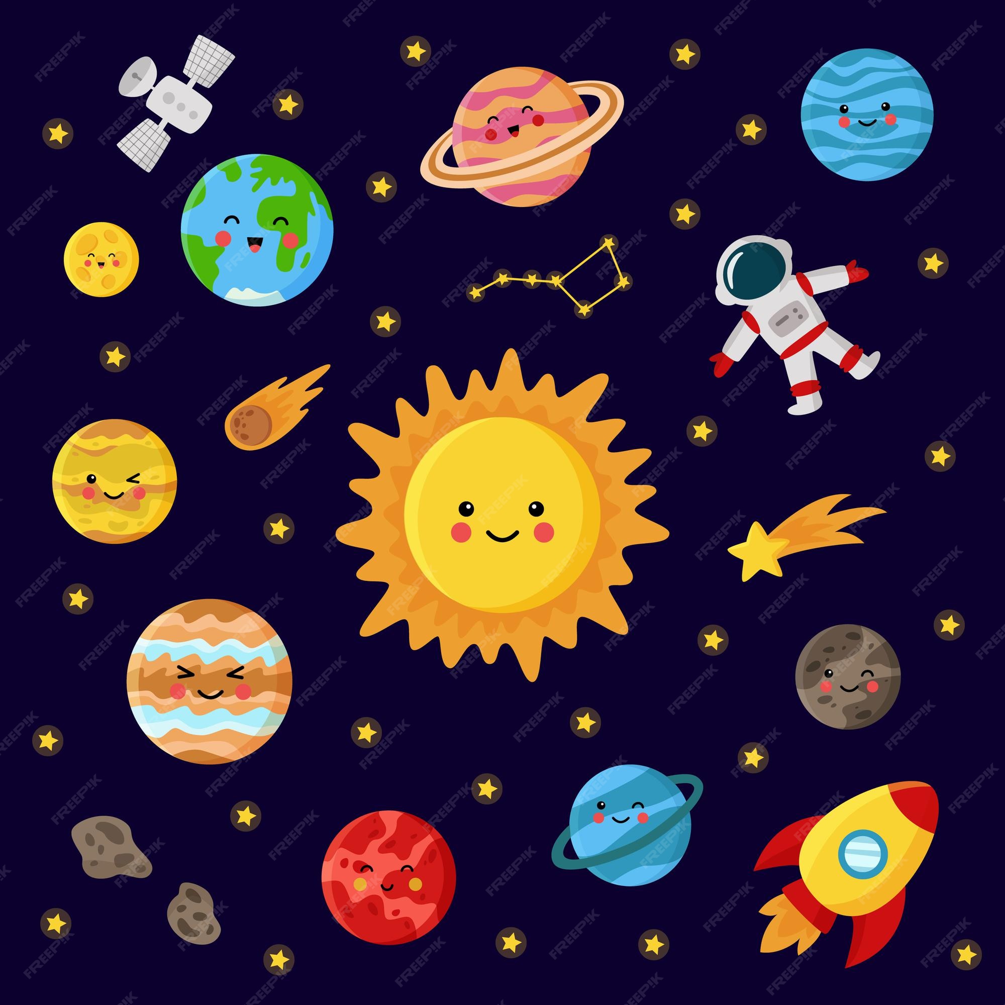 かわいいカワイイ太陽と太陽系の惑星のベクトルイラスト プレミアムベクター