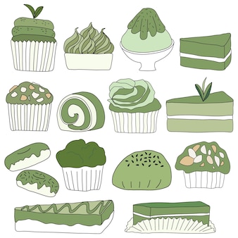 手描き​の​緑茶​ケーキ​と​落書き​アート​スタイル​の​デザート​の​ベクトル図