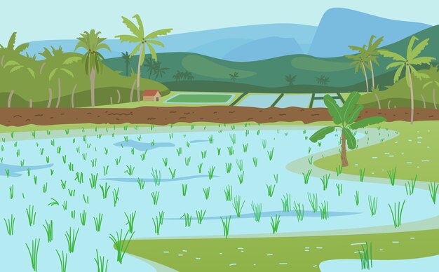 インドの水田のベクトルイラスト ヤシ 山 小屋のある田んぼの風景 プレミアムベクター