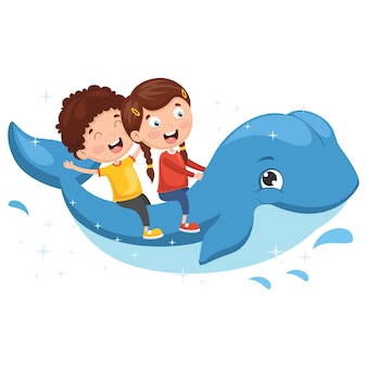 Векторная иллюстрация детей верхом кита