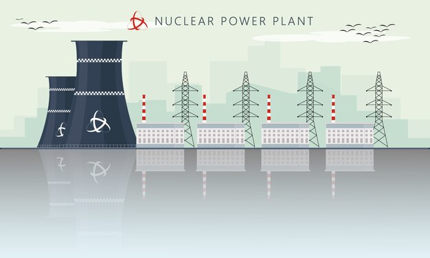 都市の高層ビルのスカイラインと原子力発電所工場アイコンのベクトルイラスト プレミアムベクター