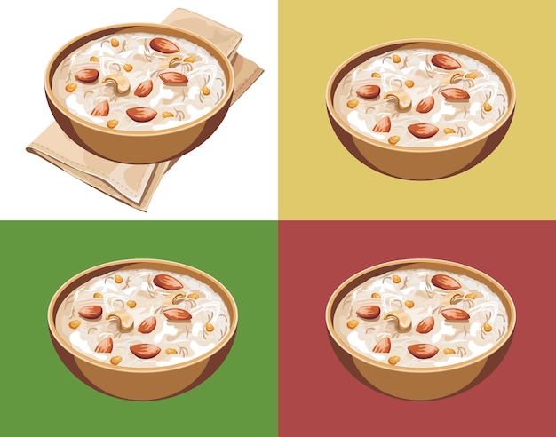 인도 달콤한 그릇에 있는 kheer 또는 semiya khir의 벡터 삽화 또는 삽화