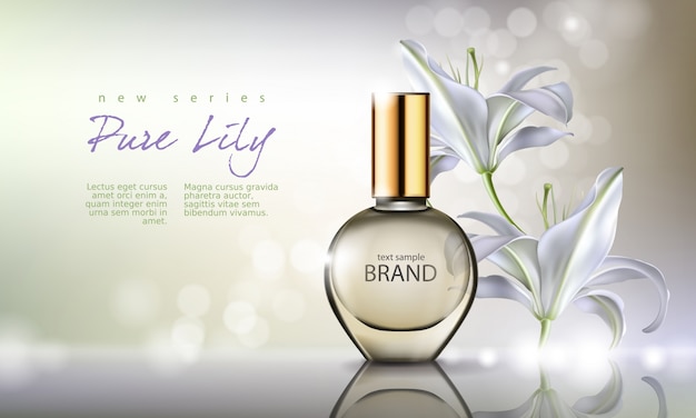 Vector illustration perfume in a glass bottle on a background with luxurious white lily