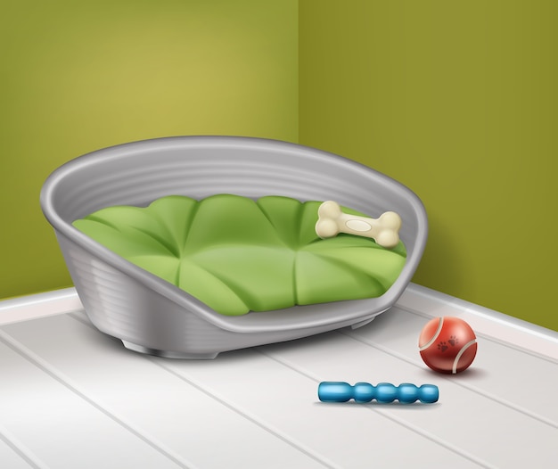 Vector illustration of place for dog with different toys in home isolated on background