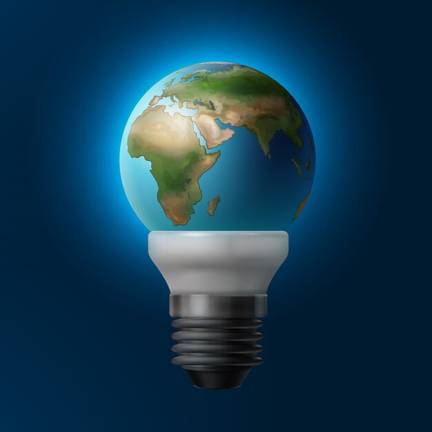 Векторная иллюстрация планеты Земля внутри энергосберегающей лампы, изолированной на синем фоне