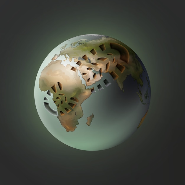 Vector illustration of planet Earth with footprint on dark background