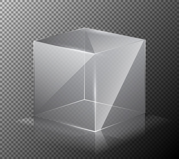 Free vector vector illustration of a realistic, transparent, glass cube isolated on a gray background.