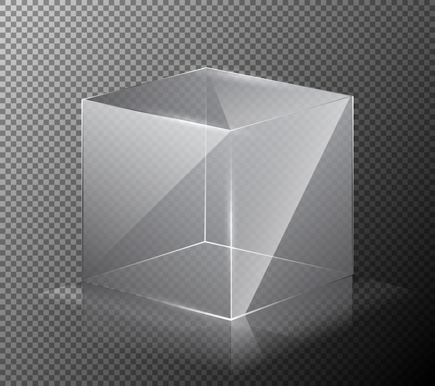 Vector illustration of a realistic, transparent, glass cube isolated on a gray background.