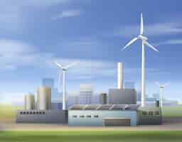 Free vector vector illustration renewable energy and biofuel with use wind turbine and solar panels in industrial area