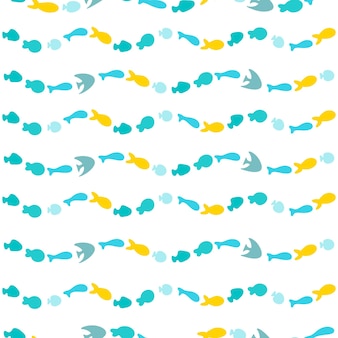Vector illustration. seamless pattern with waves of silhouette fish in sea. blue and yellow. for children's textiles, home decor, clothing.