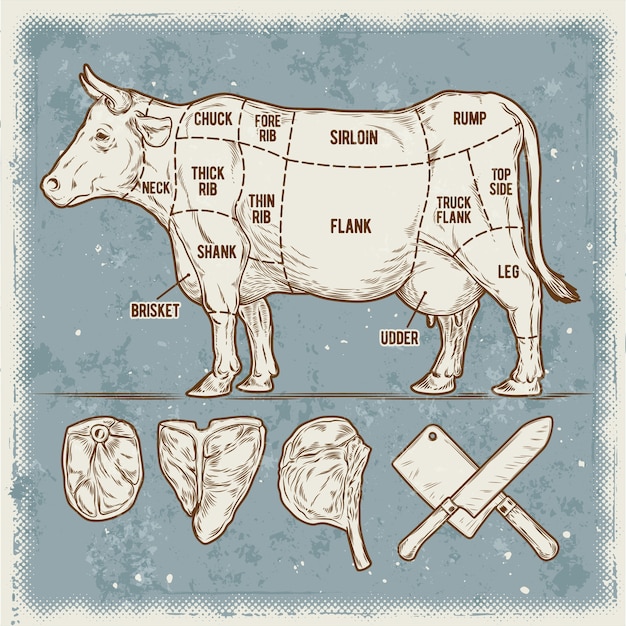 Бесплатное векторное изображение Векторные иллюстрации набор черенков говядины.