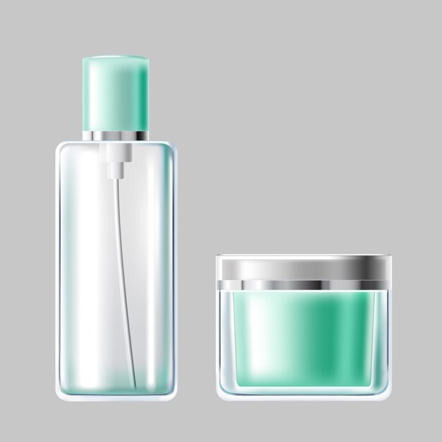 Vector illustration set of light blue glass cosmetic packaging