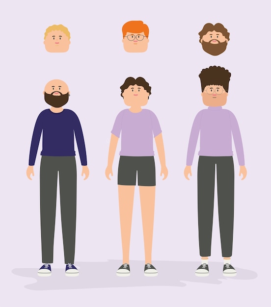 Vector illustration. Set of male avatar characters in flat style.