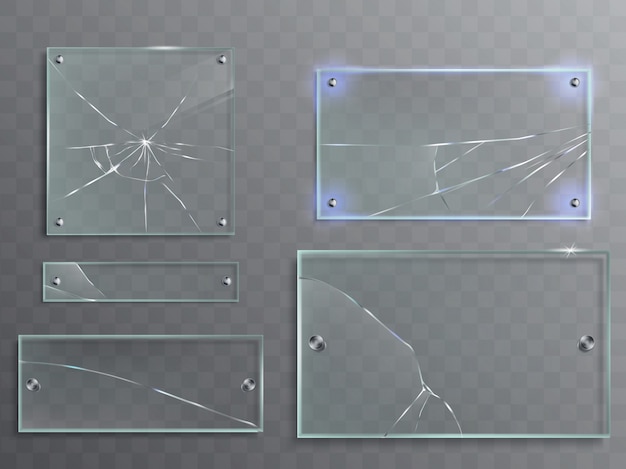 Vector Illustration Set of Transparent Glass Plates with Cracks, Cracked Panels