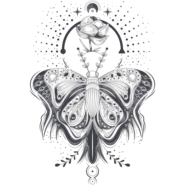 Illustrazione vettoriale di uno schizzo, farfalla arte tatuaggio in stile astratto, mistico, simbolo astrologico.