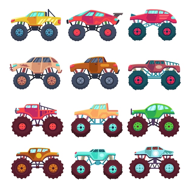 Free vector vector illustration of sport car with big mud terrain tire vector illustration in flat style