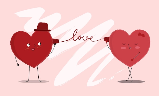 Vector illustration of two happy hearts looking at each other and talking through phone.