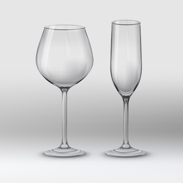 벡터 일러스트 레이 션. 두 종류의 안경 : 와인 잔과 샴페인 플루트. 회색 배경에 비어 있고 투명