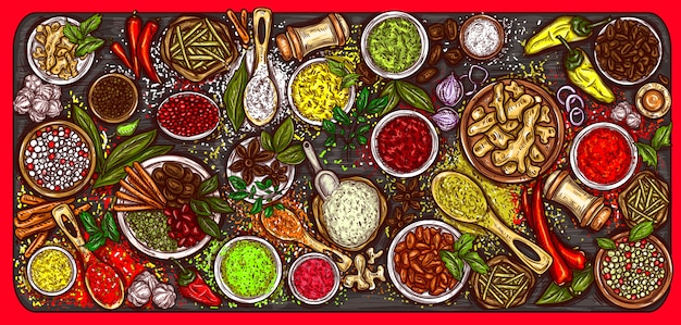 Vector illustration of a variety of spices and herbs on a wooden background